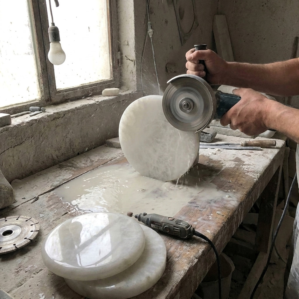 An alabaster disc being shaped and polished with a diamond wheel on an angle grinder, under water