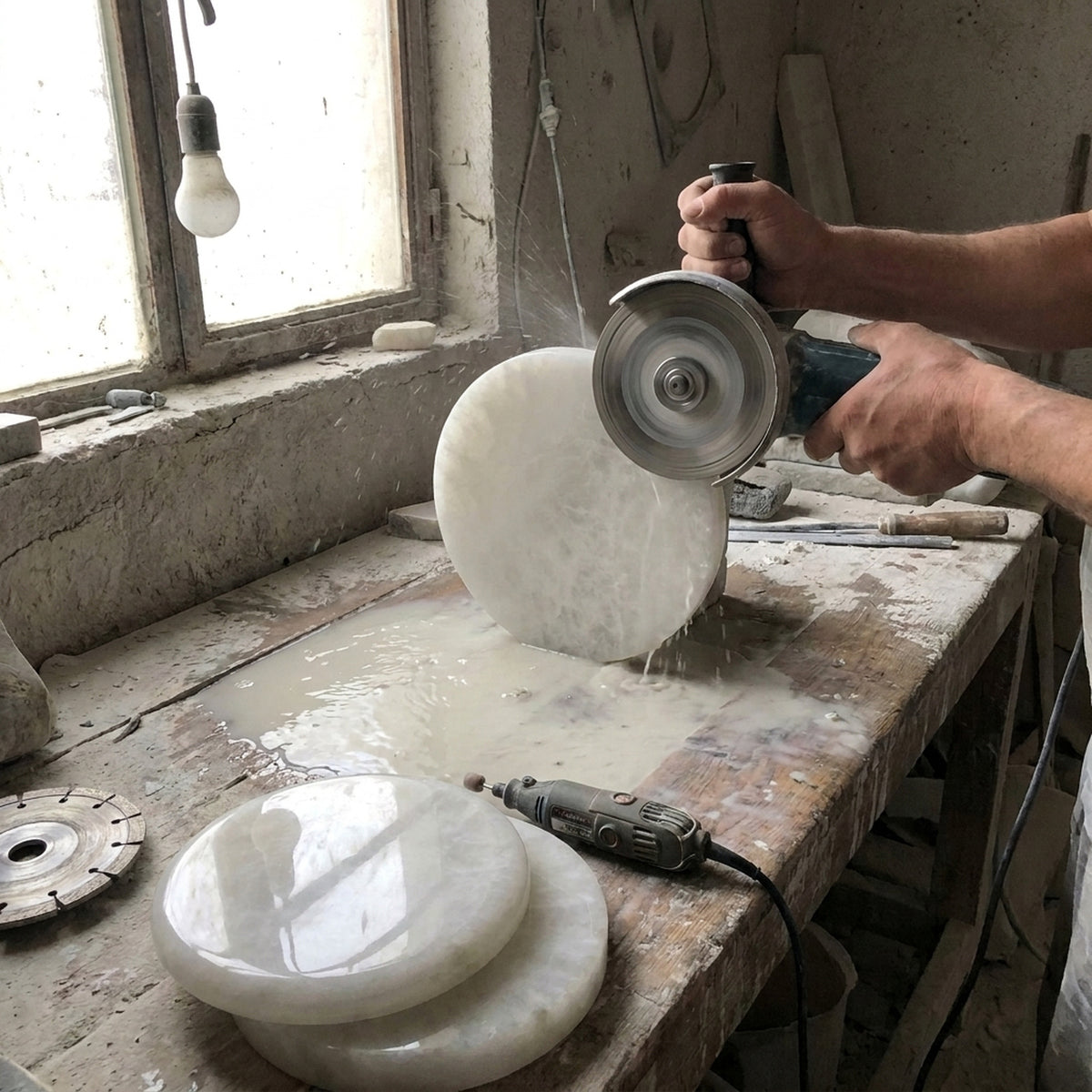 An alabaster disc being shaped and polished with a diamond wheel on an angle grinder, under water Image