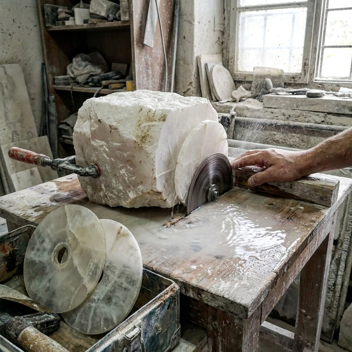An alabaster disc being cut from a raw block with a diamond blade under water Image