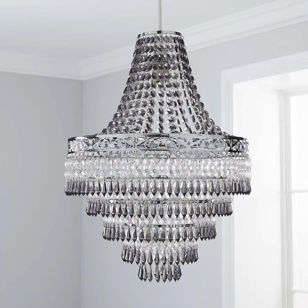 Antique crystal chandelier in chrome with five tiers of smoked grey drops