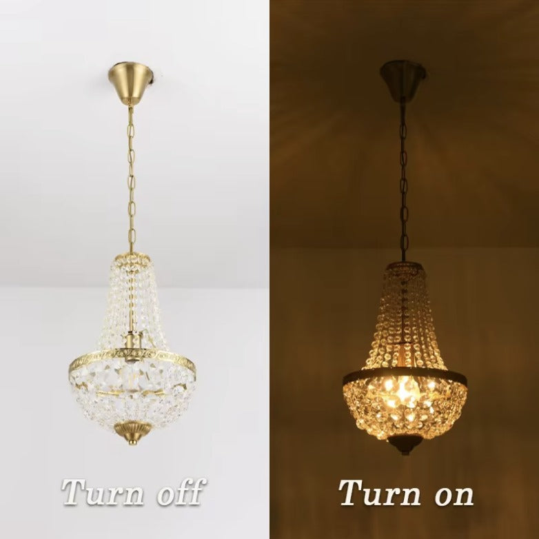 Antique crystal chandelier shown switched off and switched on