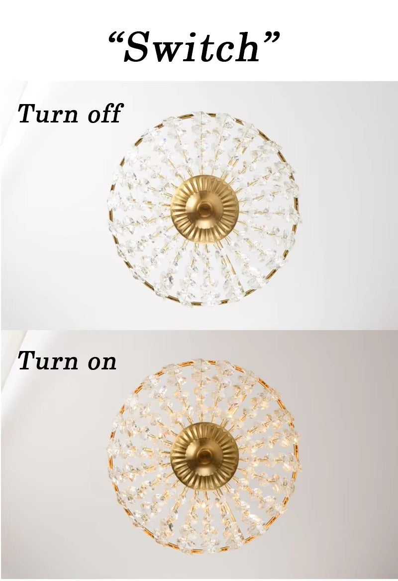 Antique crystal chandelier seen from below, off and lit