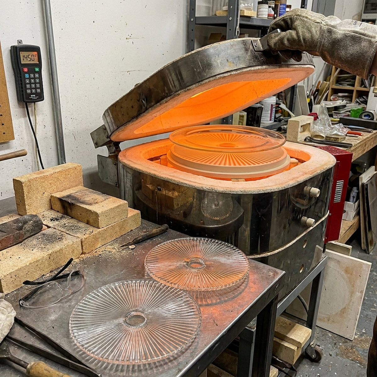 A glass disc slumping into a ribbed ceramic mould inside a kiln, with finished fluted plates cooling on the bench