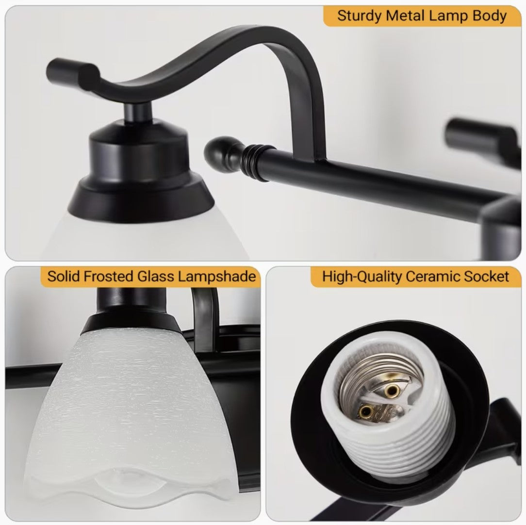 Details of the bathroom vanity light, metal body, frosted glass and ceramic socket