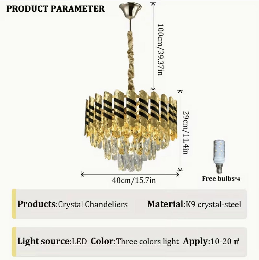 Black and gold crystal chandelier dimensions, 40 cm wide with four bulbs included
