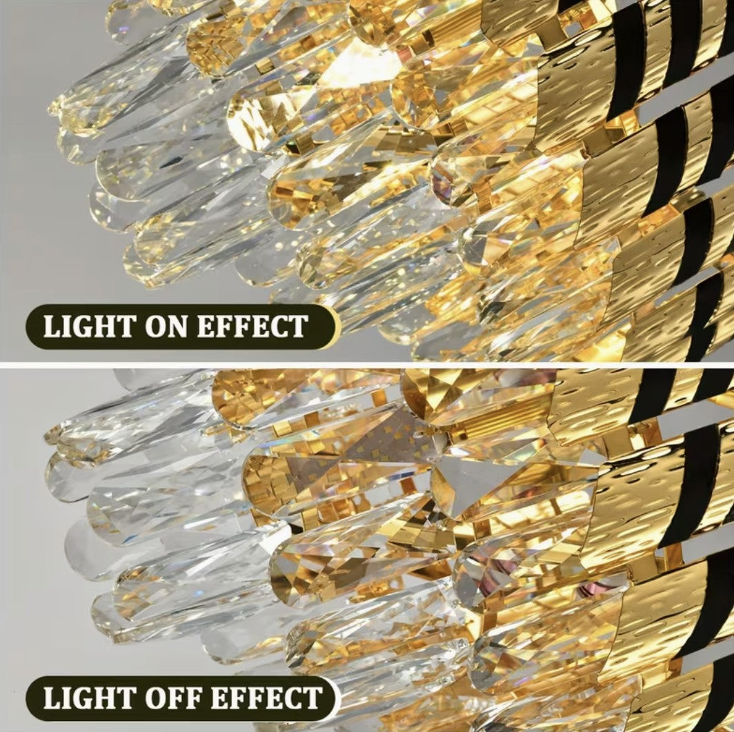 Black and gold crystal chandelier light on and light off effect