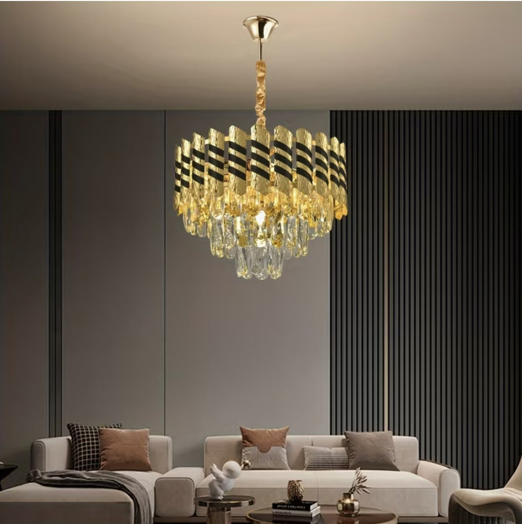 Black and gold crystal chandelier in a dark modern living room