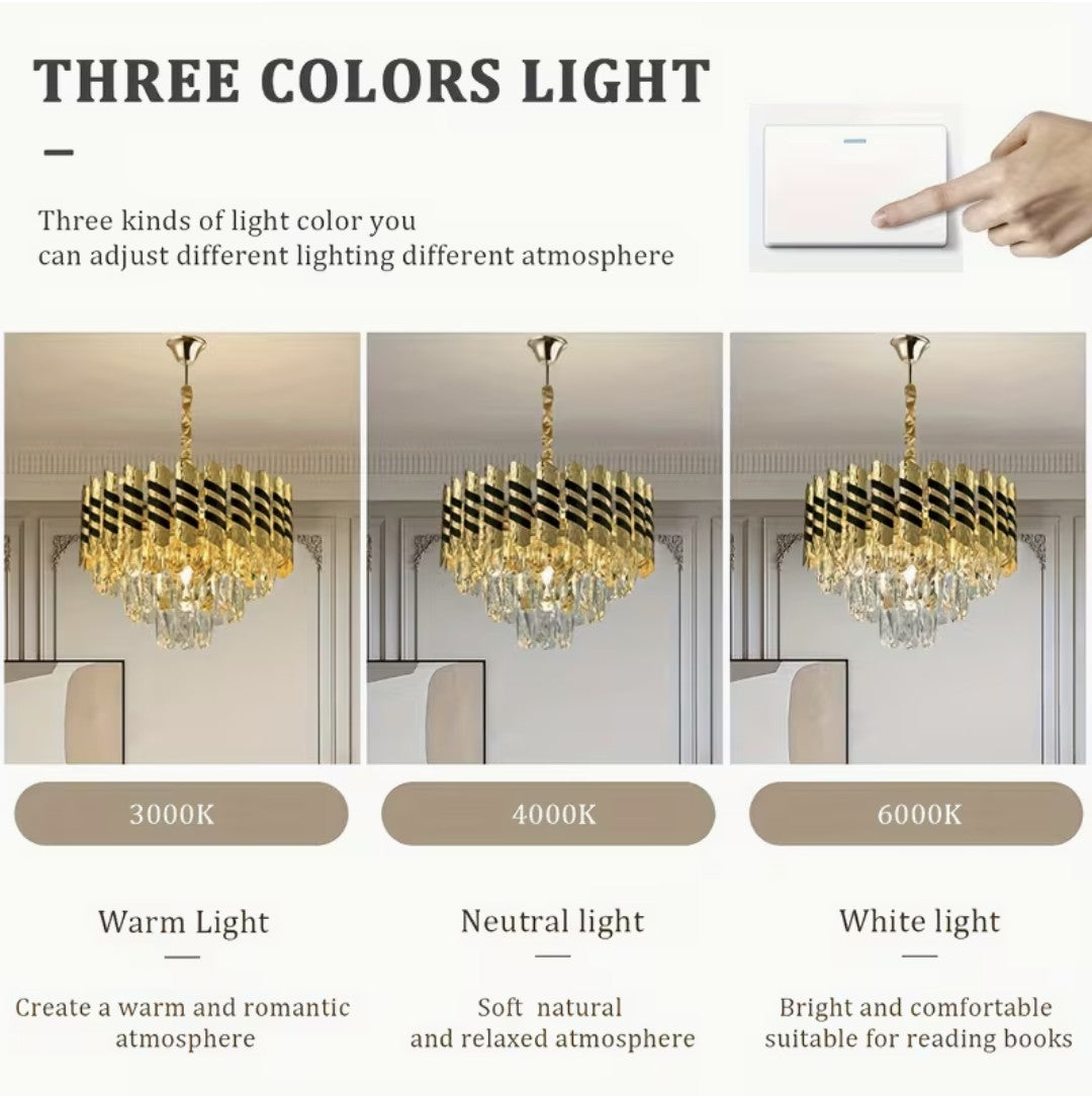 Three color temperatures of the black and gold crystal chandelier