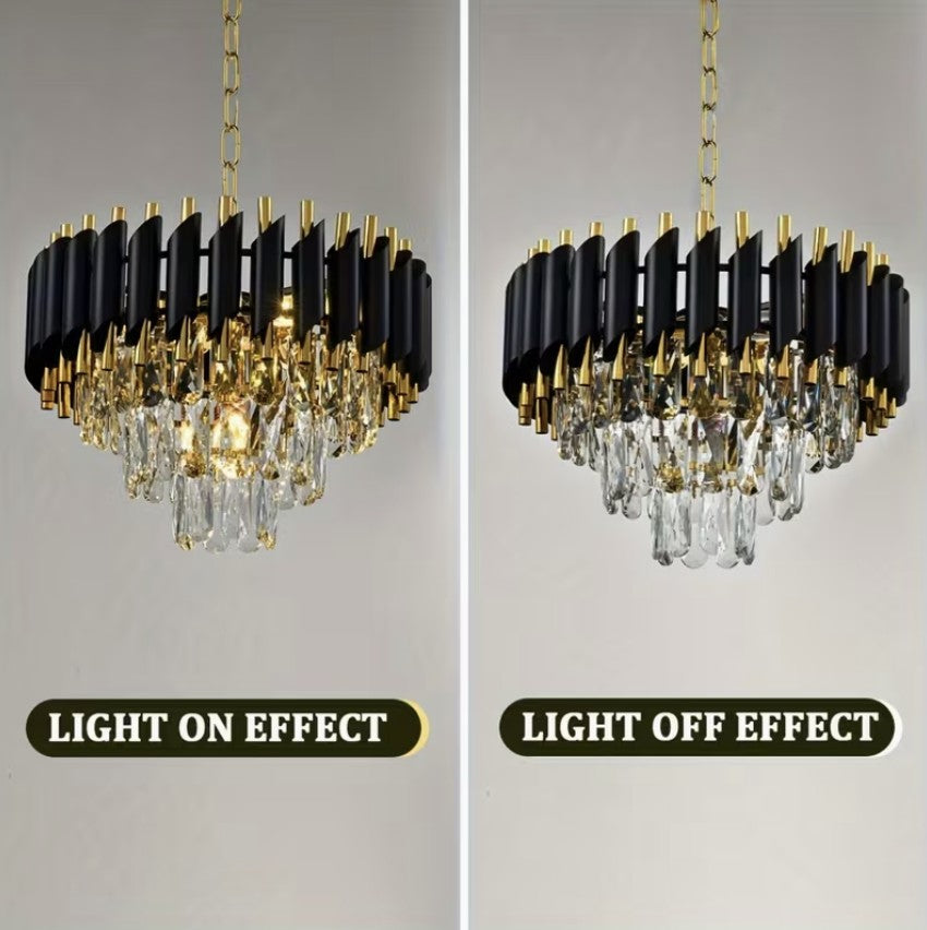 Black crystal chandelier light on and light off effect