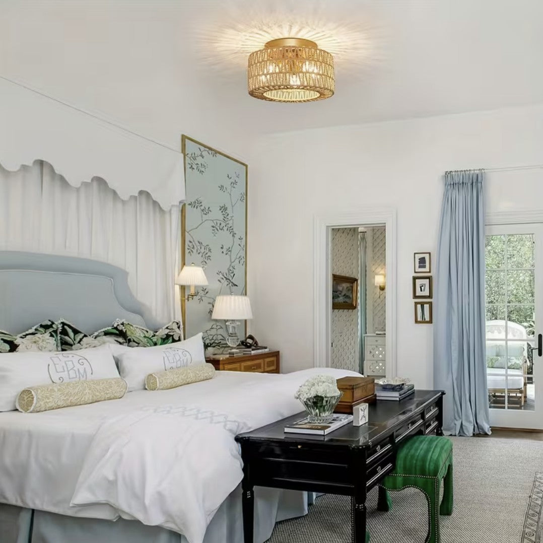 Natural boho flush mount ceiling light above a bed