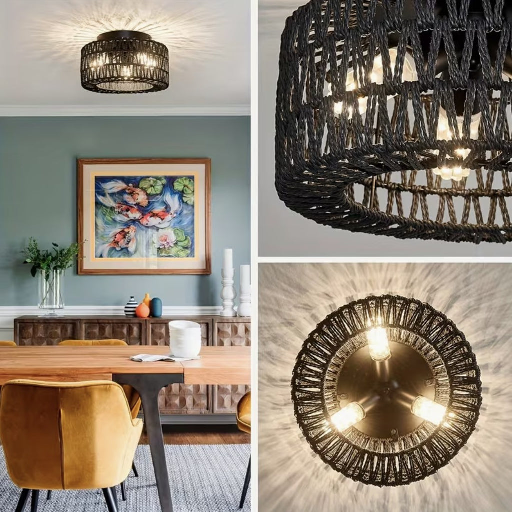 Black boho flush mount ceiling light seen in a dining room and from below