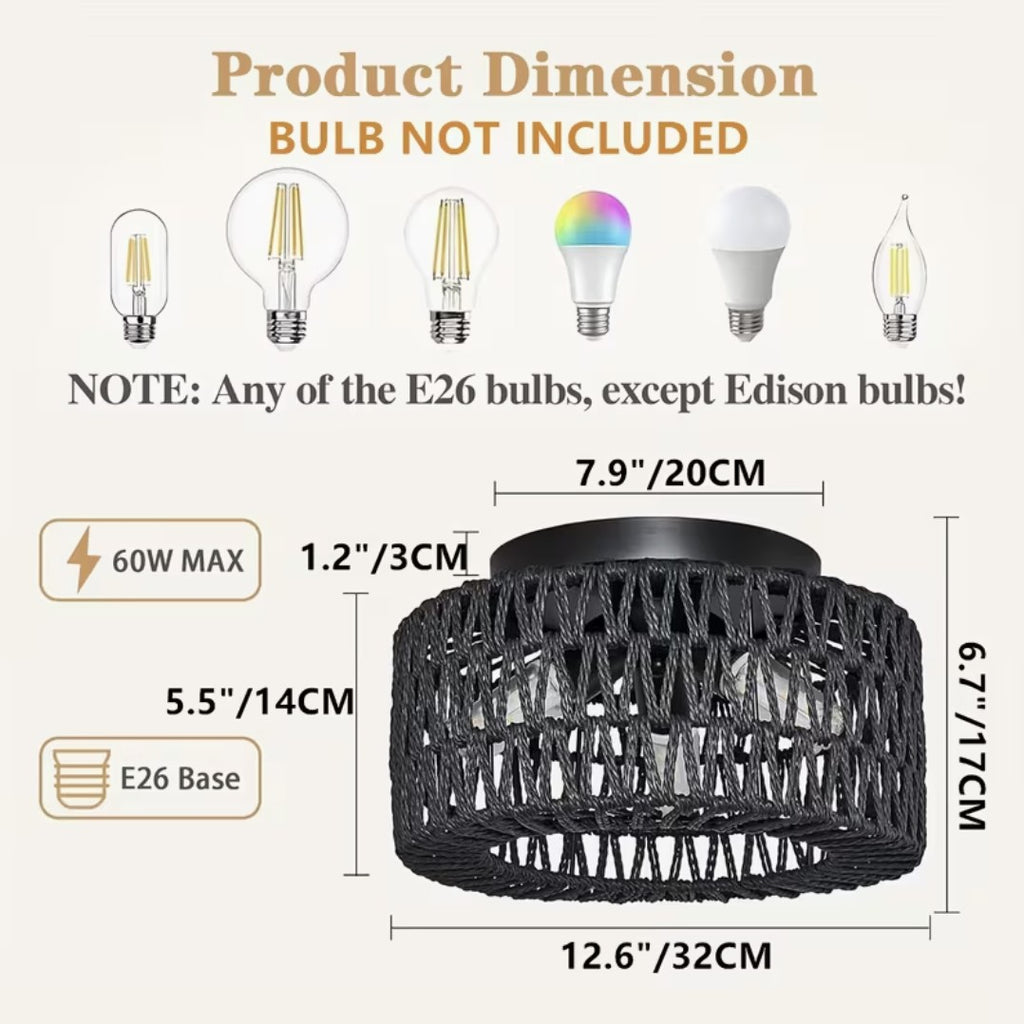 Boho flush mount ceiling light dimensions, black finish, E26 base