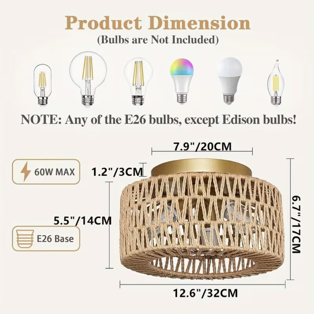 Boho flush mount ceiling light dimensions, natural finish, E26 base