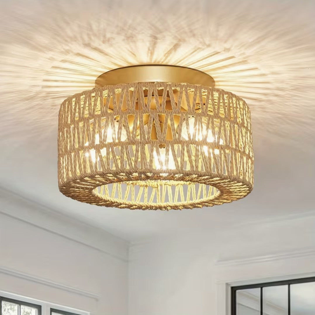 Close-up of the natural woven fiber flush mount ceiling light Image