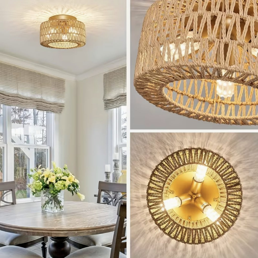 Natural boho flush mount ceiling light seen in a dining room and from below