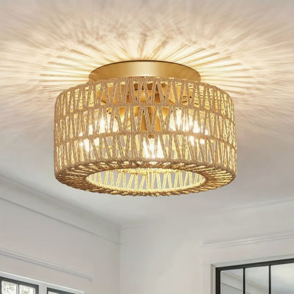 Natural boho flush mount ceiling light in woven fiber, lit