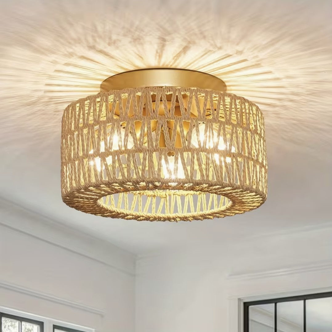 Natural boho flush mount ceiling light in woven fiber, lit