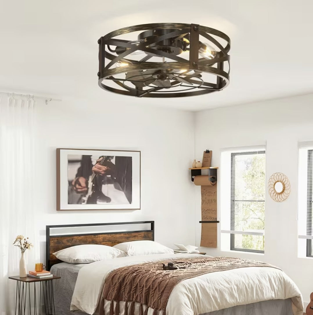 Caged ceiling fan with light mounted flush in a bedroom