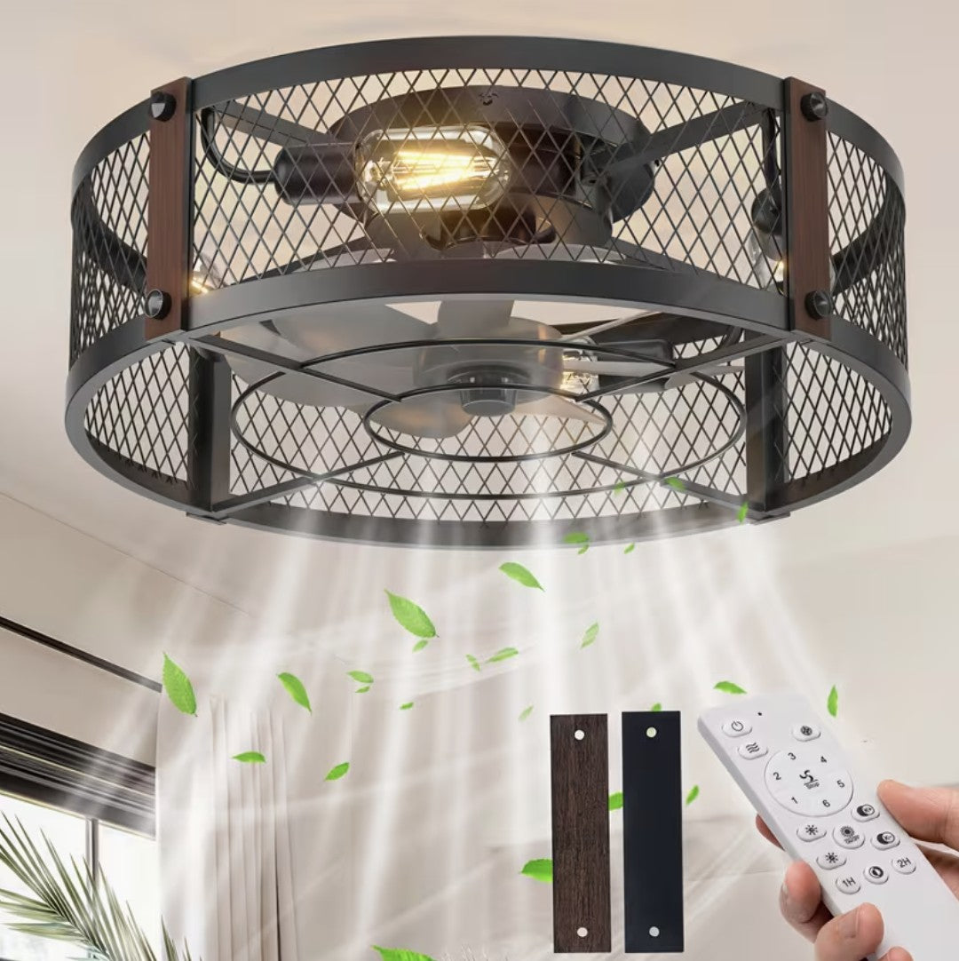 Caged ceiling fan with light in black, mesh cage and remote control