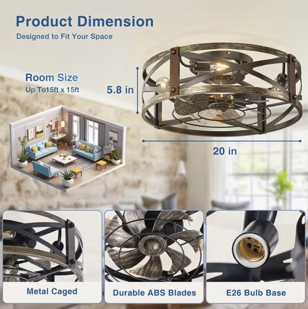 Caged ceiling fan dimensions, 20 inches wide and 5.8 inches high