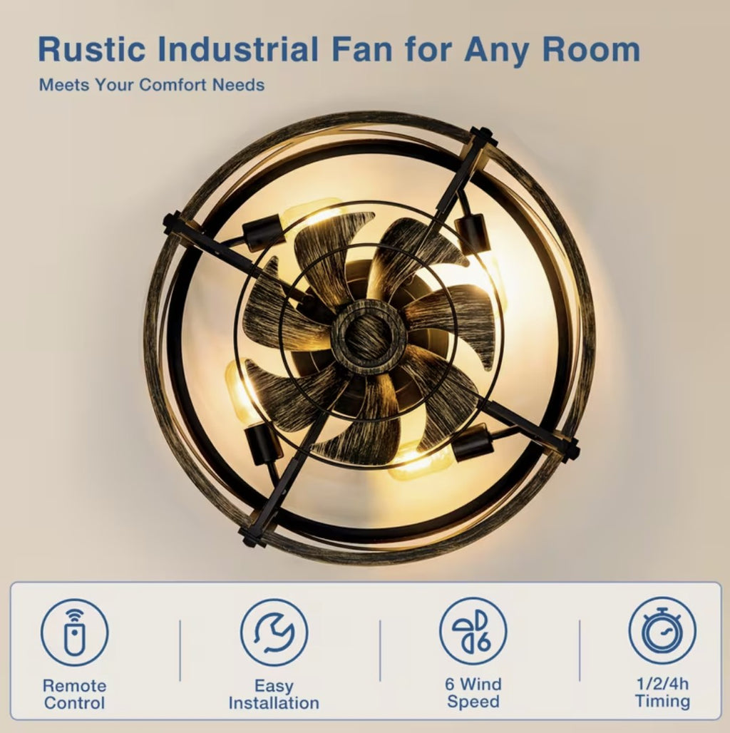 Underside of the caged ceiling fan, blades and four bulbs