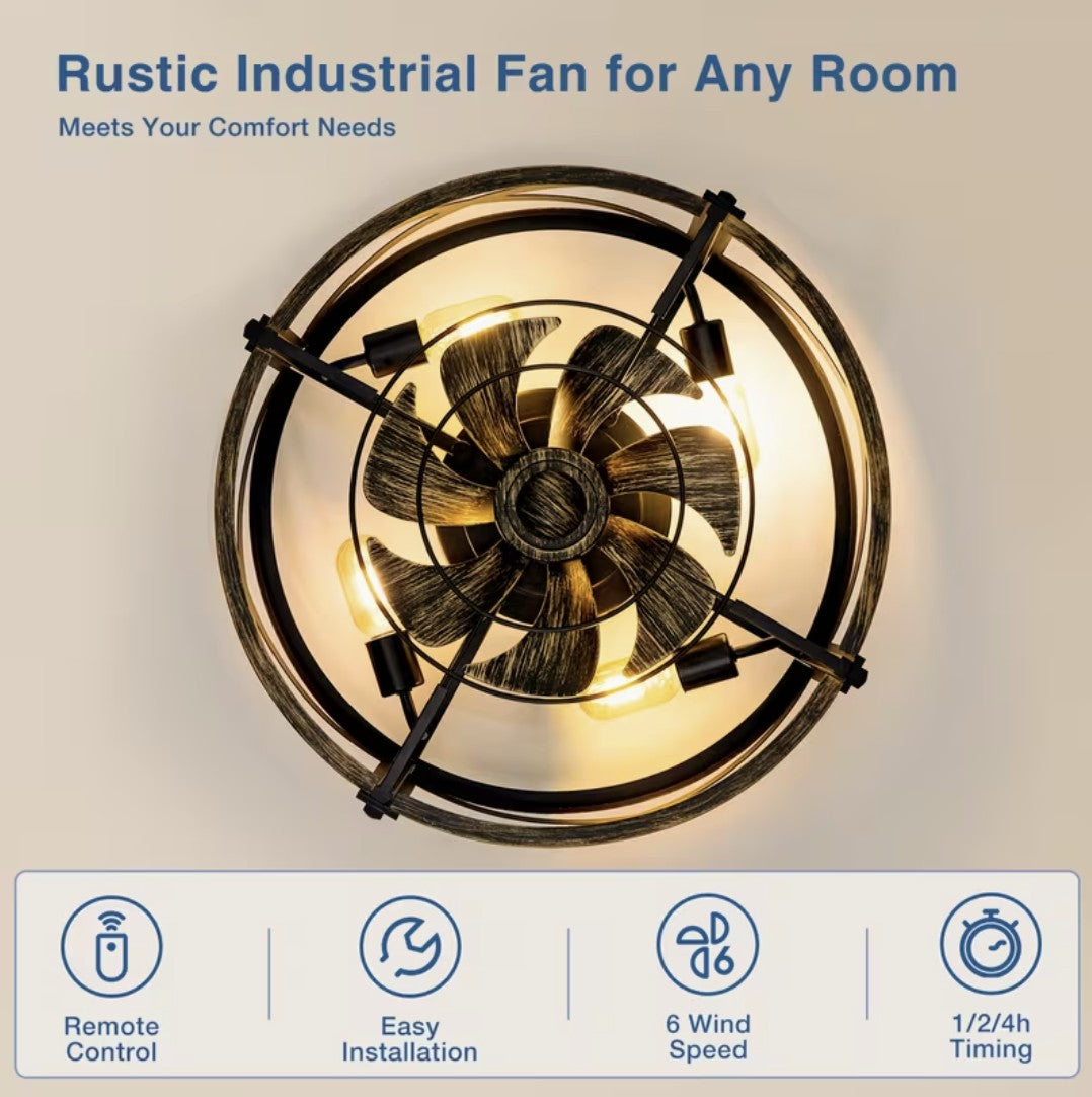 Underside of the caged ceiling fan, blades and four bulbs