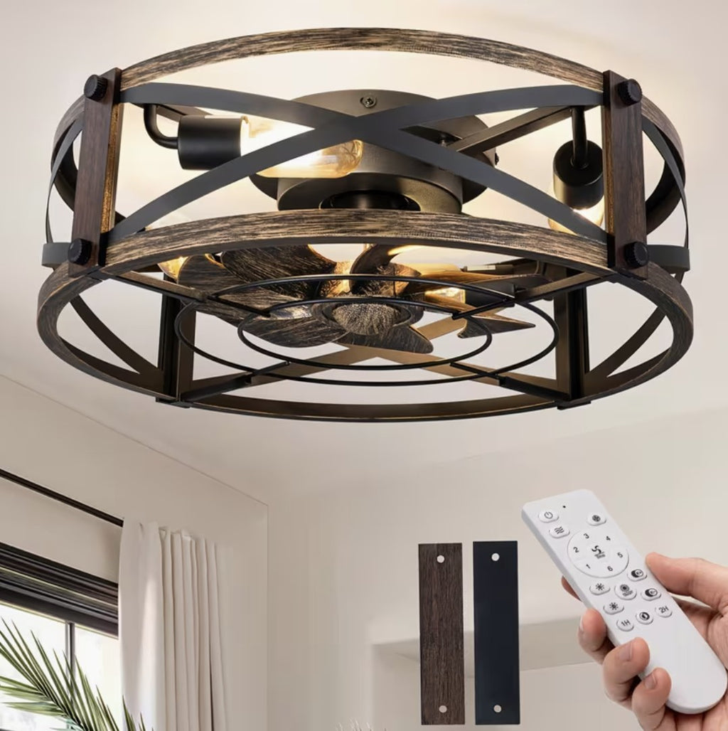 Caged ceiling fan with light in aged patina, remote control and trim plates