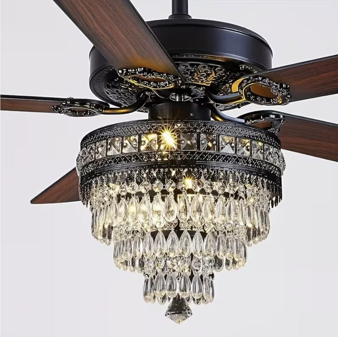 Close-up of the black crystal chandelier ceiling fan with wood blades Image