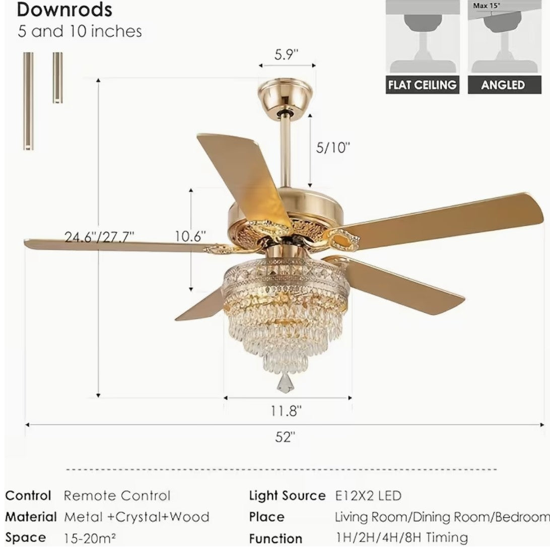 Crystal chandelier ceiling fan dimensions, 52 inch blade span and downrods
