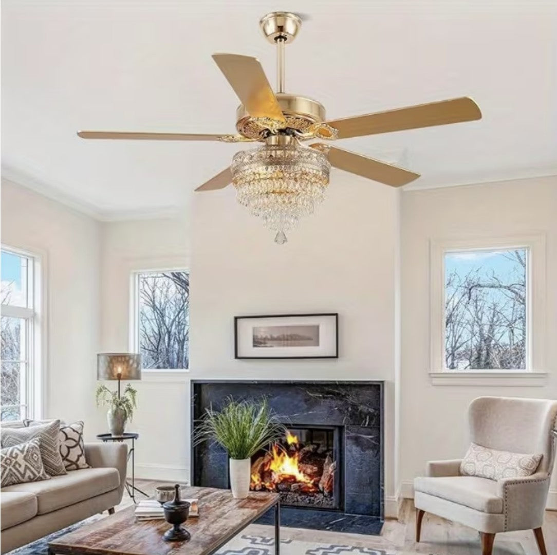 Gold crystal chandelier ceiling fan in a bright living room