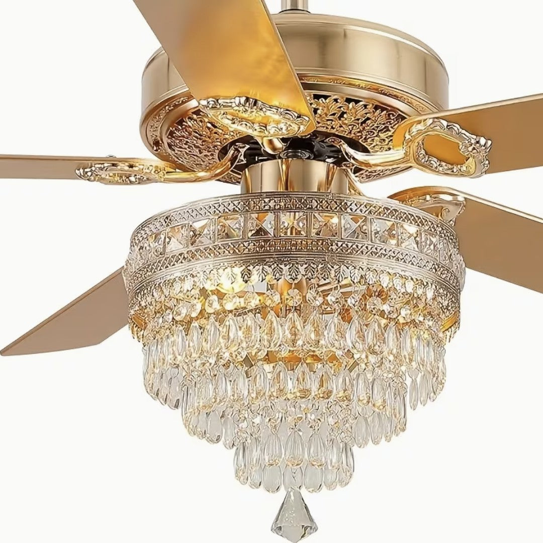 Gold crystal chandelier ceiling fan with five blades