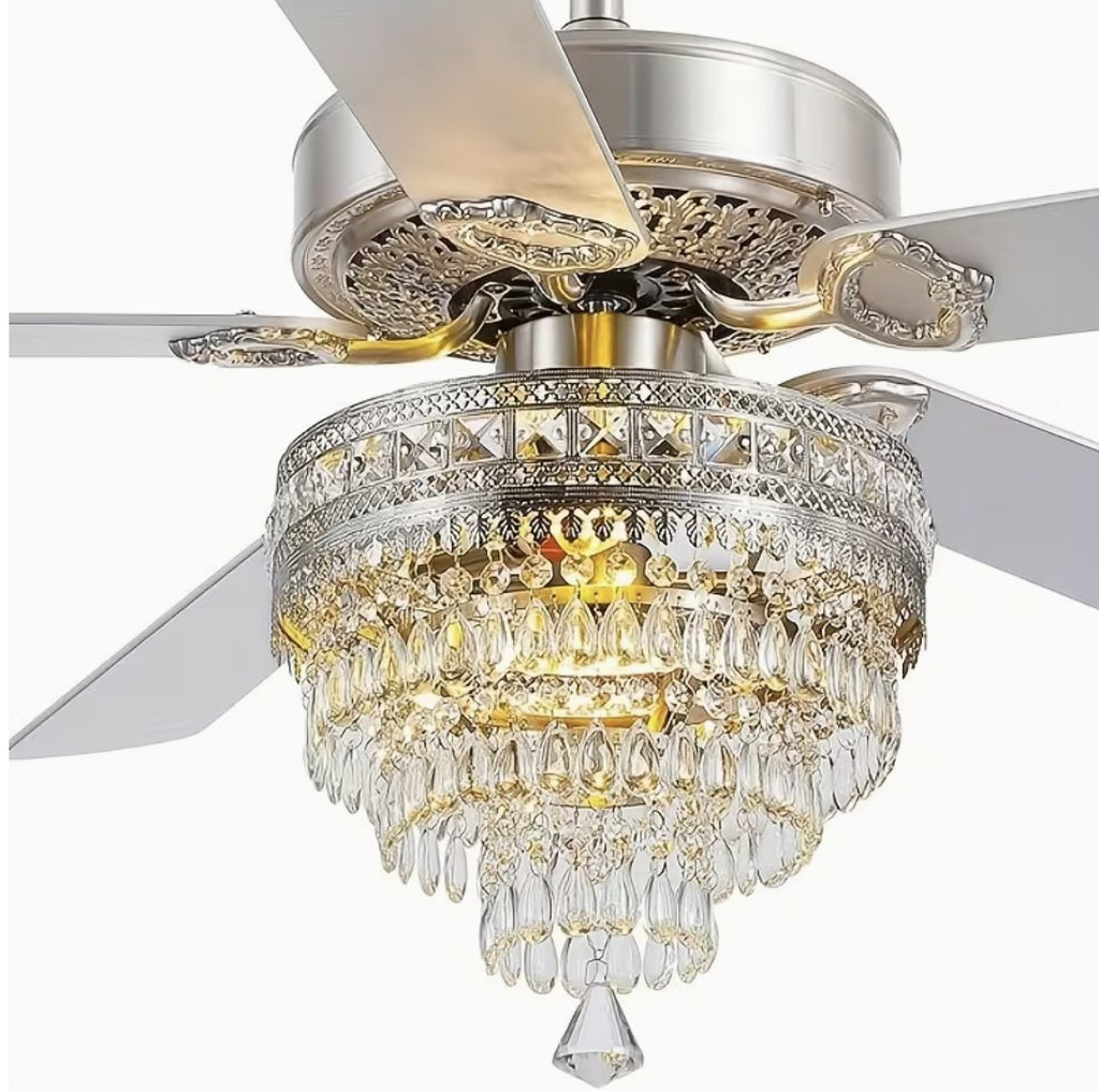 Silver crystal chandelier ceiling fan with five blades