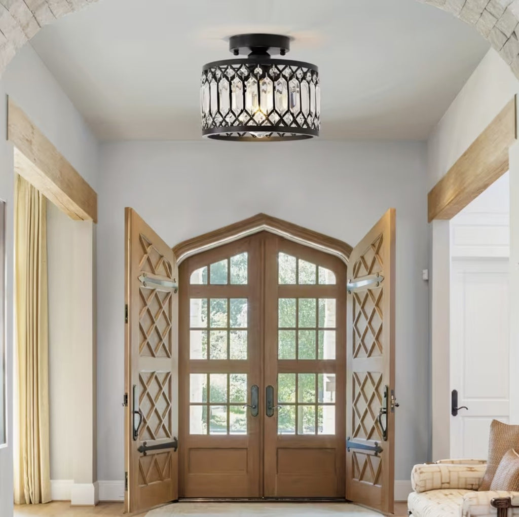 Black crystal flush mount ceiling light in an entryway