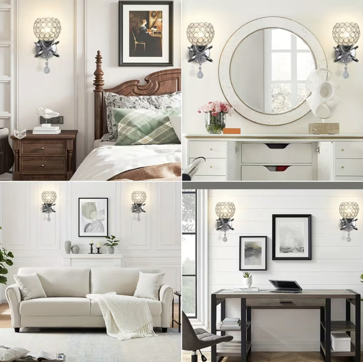 Crystal globe wall sconces in a bedroom, a dressing table, a living room and an office