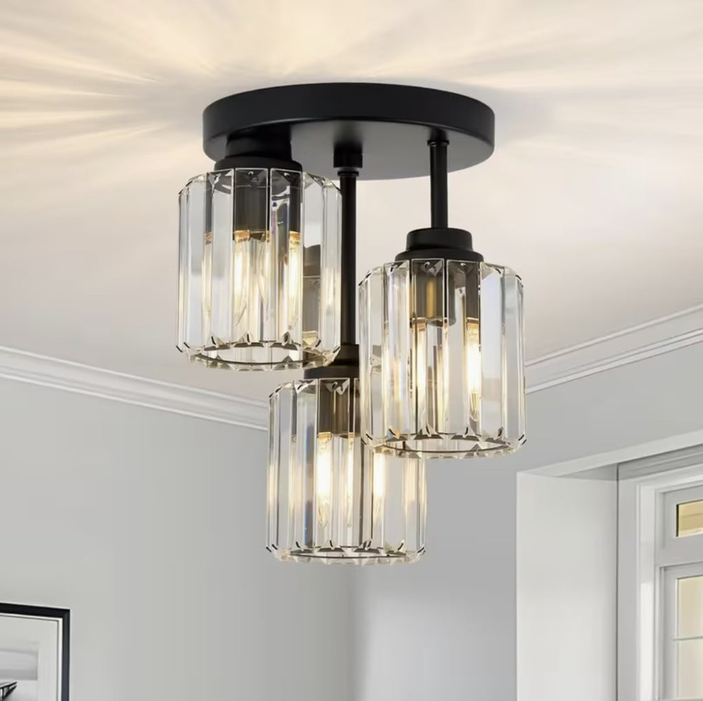 Crystal semi flush mount ceiling light with three shades, black finish