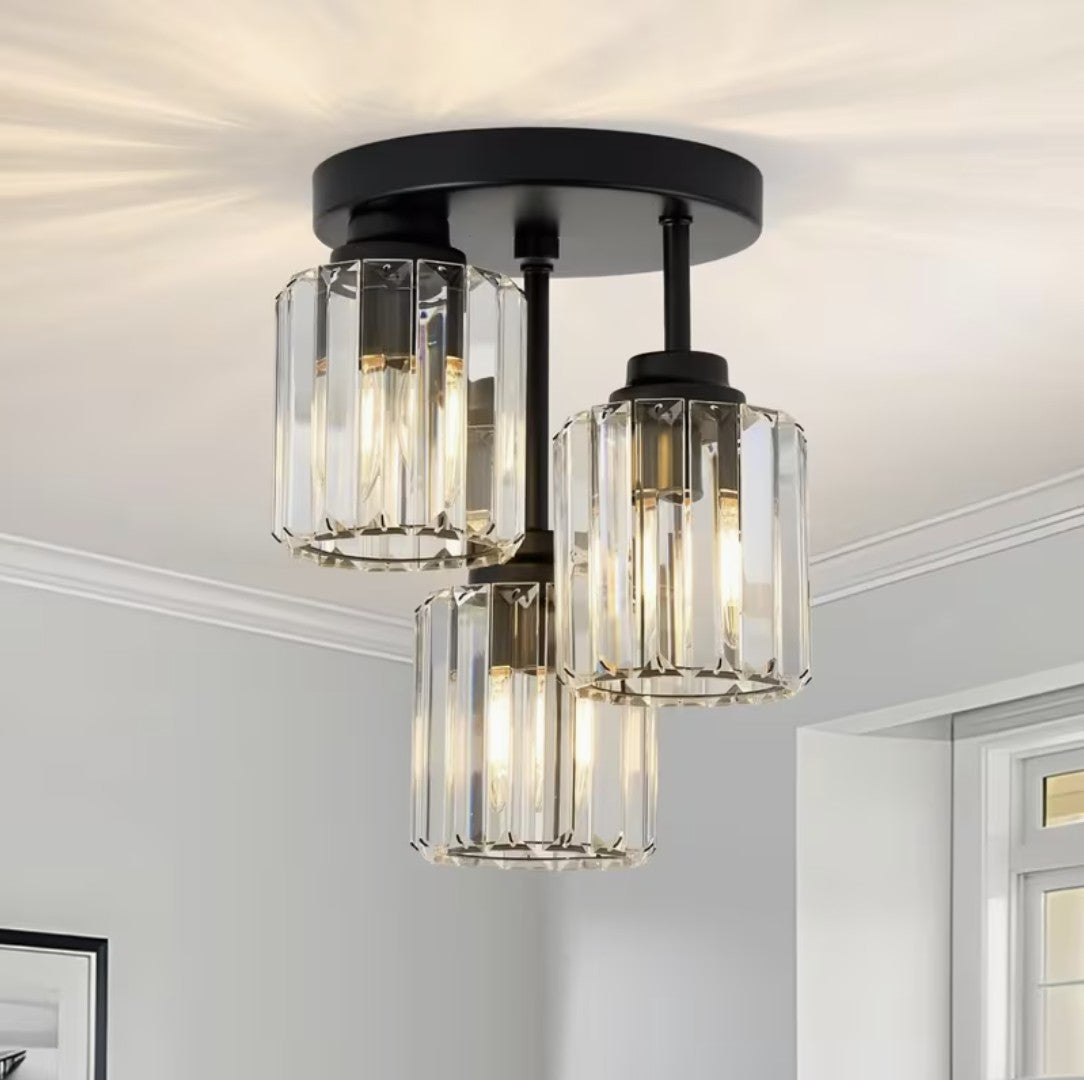 Crystal semi flush mount ceiling light with three shades, black finish