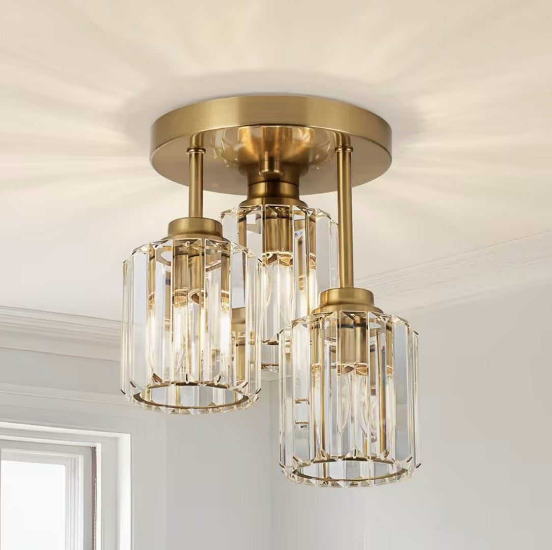 Crystal semi flush mount ceiling light with three shades, gold finish