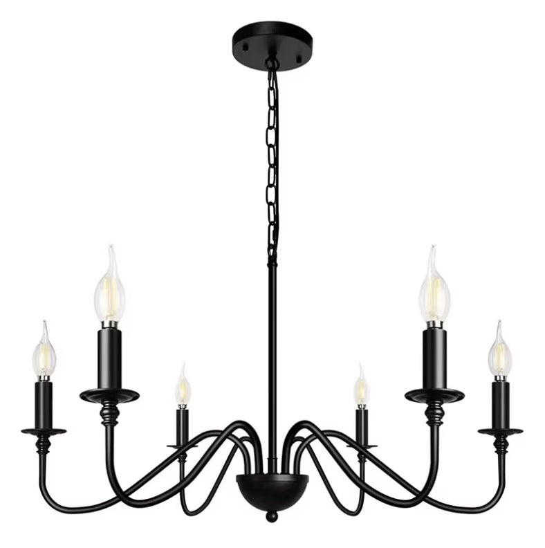 Black farmhouse candle chandelier with six curved arms and candle sleeves