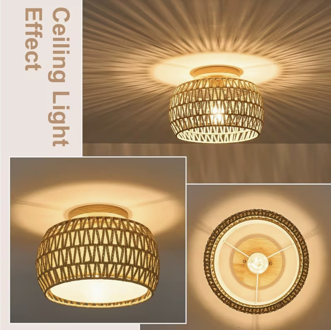 Ceiling light effect of the woven rope flush mount, seen from below and above