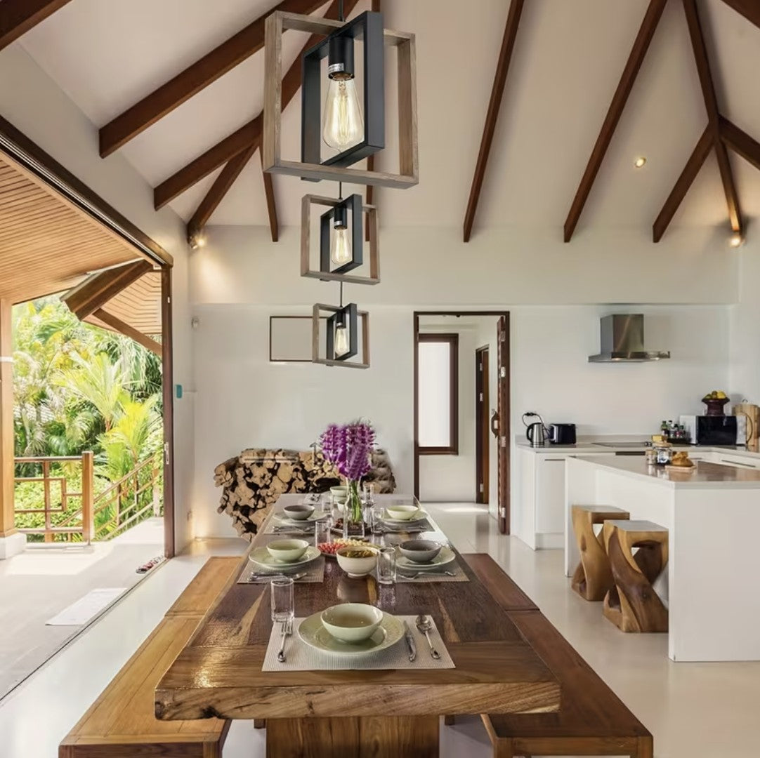 Farmhouse pendant lights under a vaulted ceiling