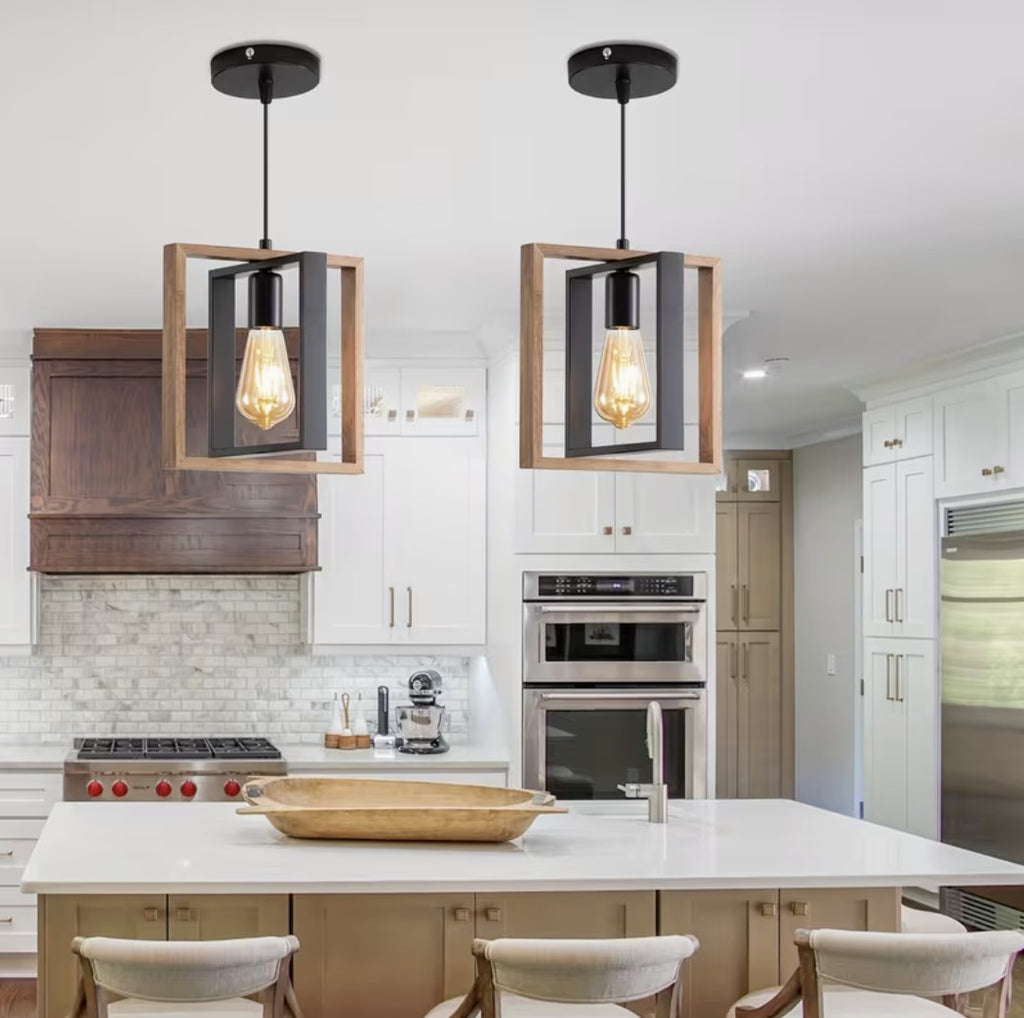 Farmhouse pendant lights in a white kitchen