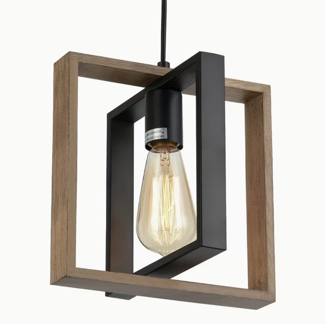 Farmhouse pendant light with wood and black metal square frames