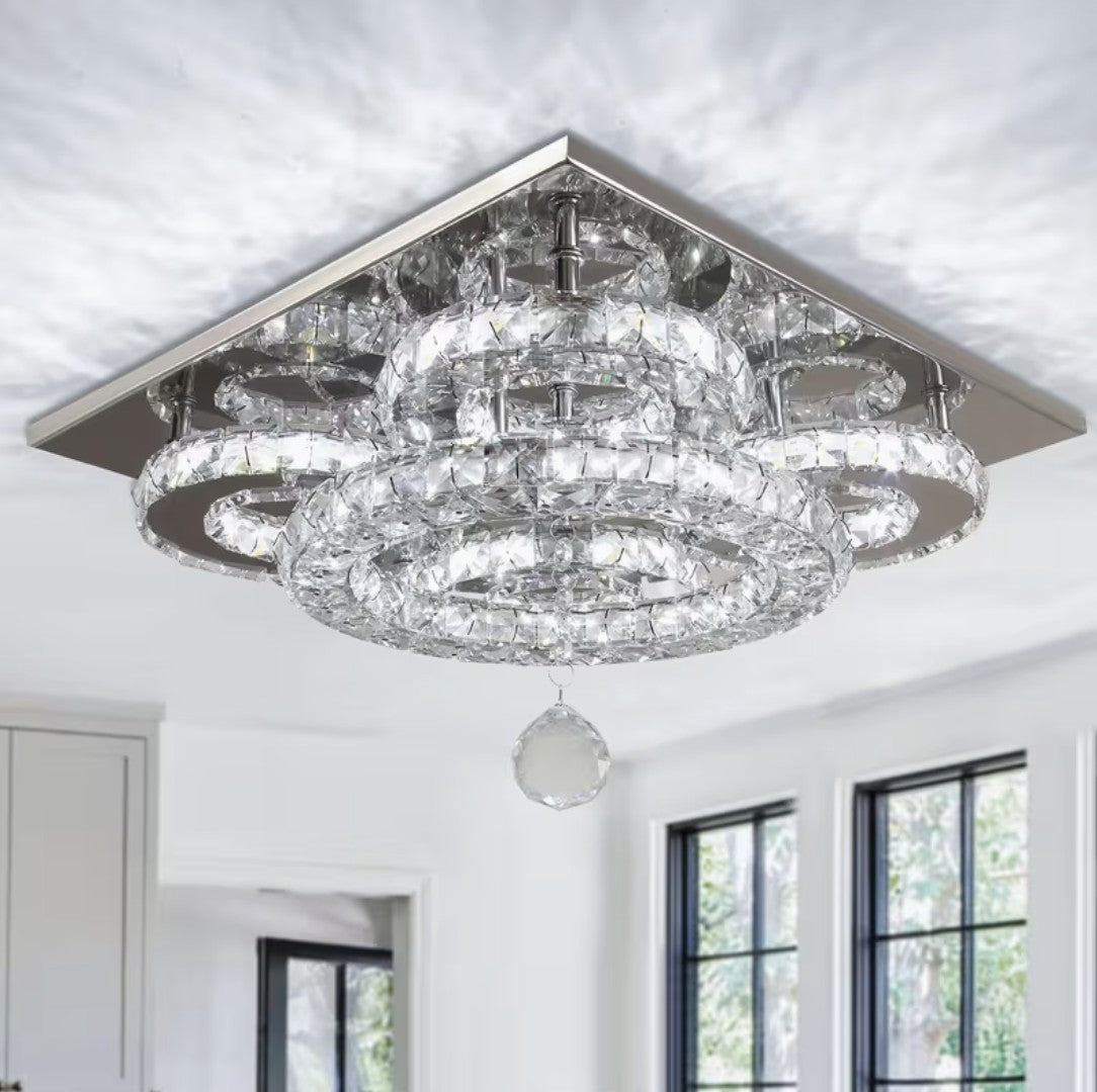 Close up of the flush mount crystal chandelier and its five K9 crystal rings