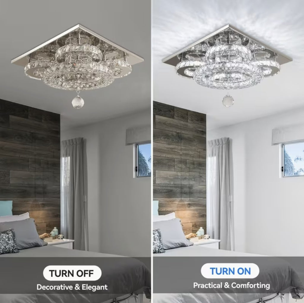 Flush mount crystal chandelier turned off and turned on in a bedroom