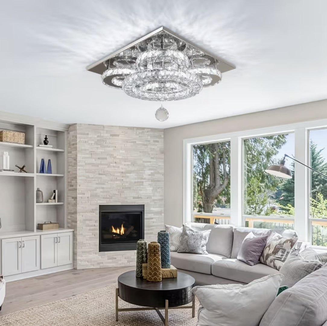 Flush mount crystal chandelier in a living room