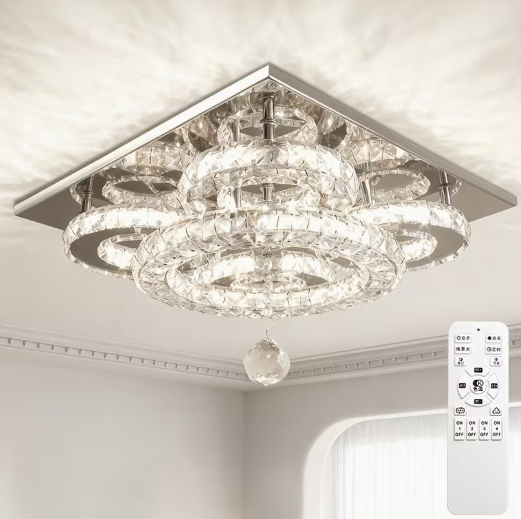 Flush mount crystal chandelier with its remote control