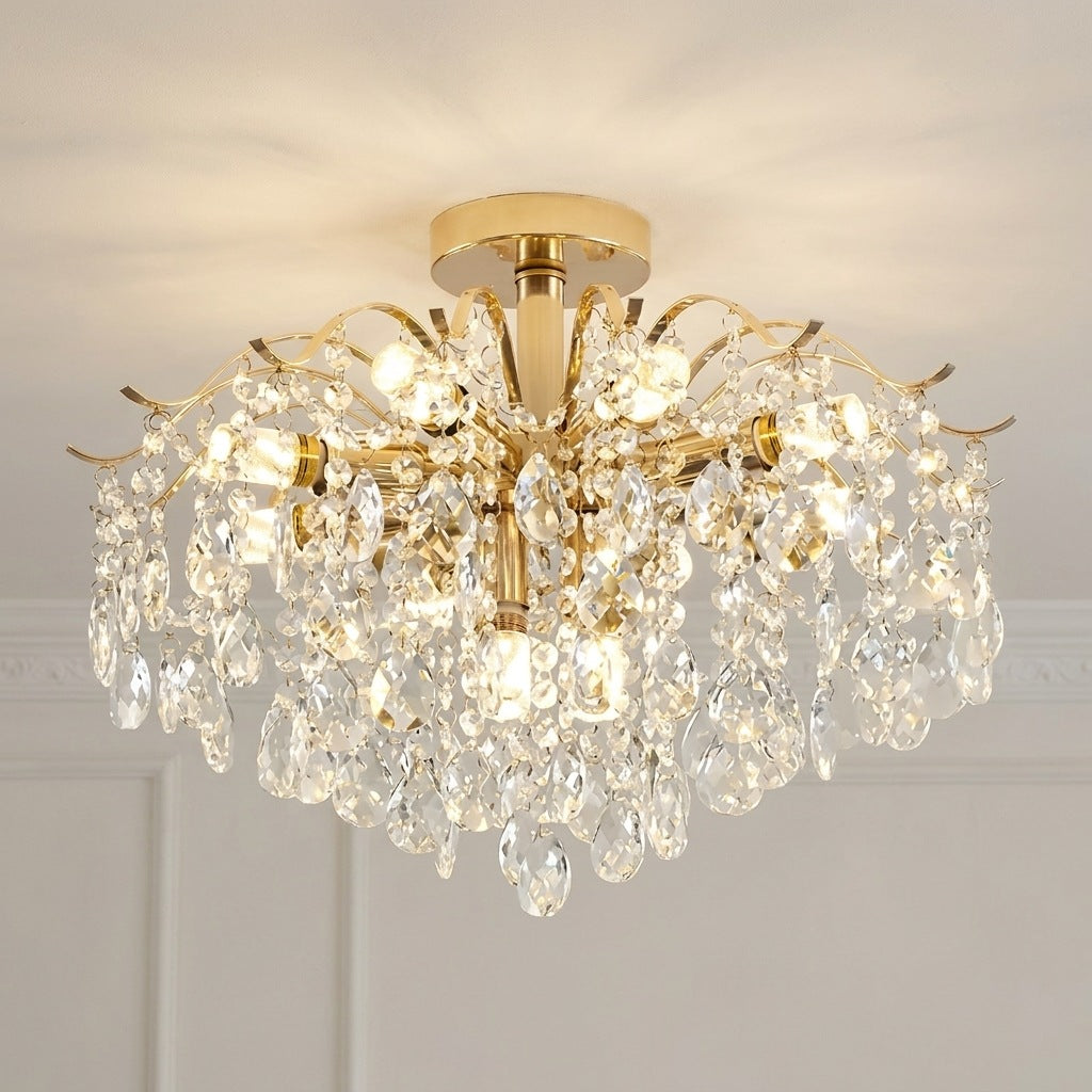 Gold crystal flush mount ceiling light with 10 lights, 19.7 inches wide, on a moulded ceiling