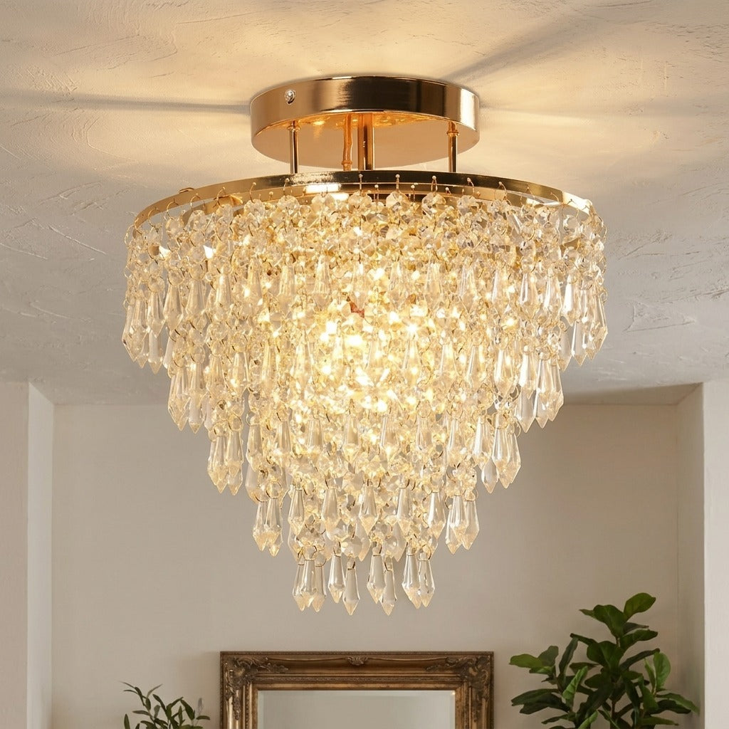 Gold crystal chandelier ceiling light mounted flush in a low ceiling entryway