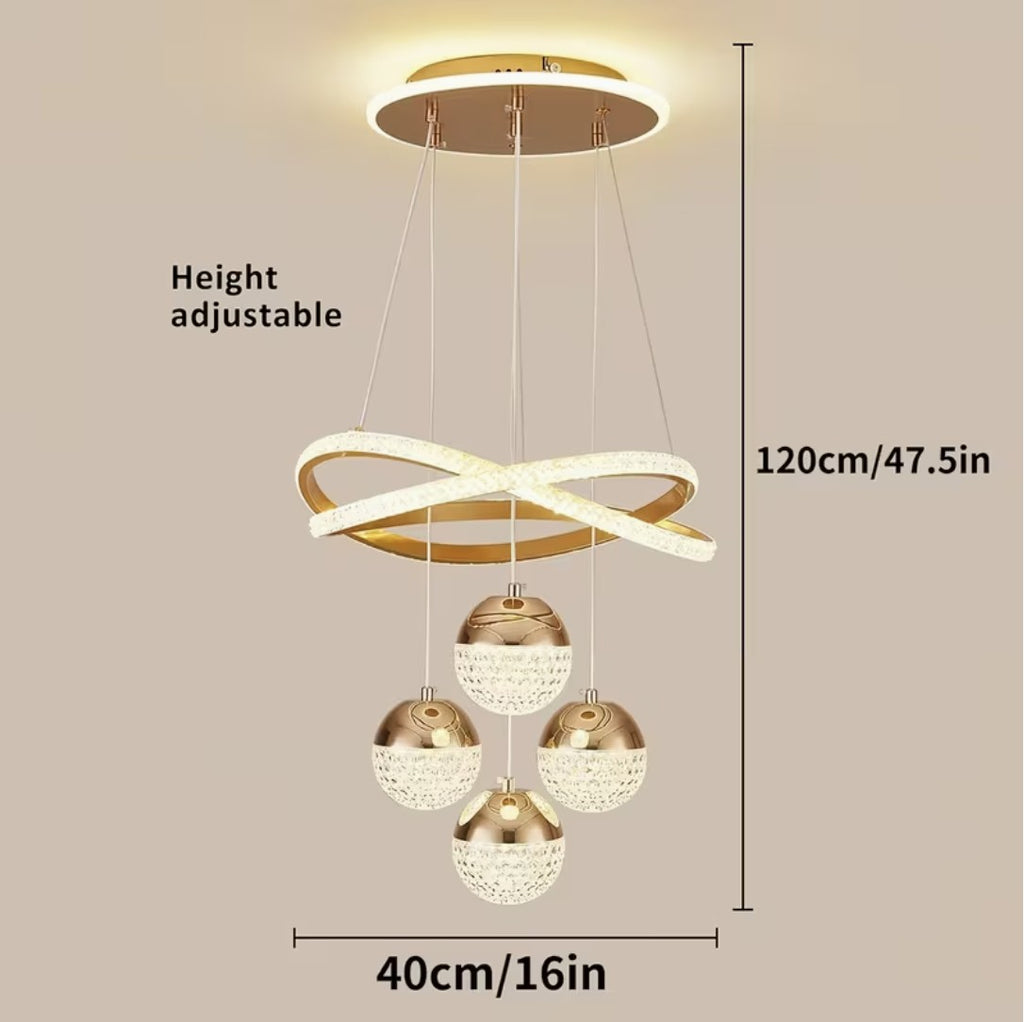 LED globe chandelier dimensions, 40 cm wide and 120 cm high