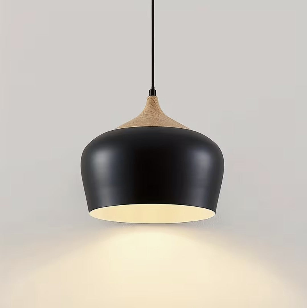 Kitchen island pendant light, black metal dome with wood grain collar, lit